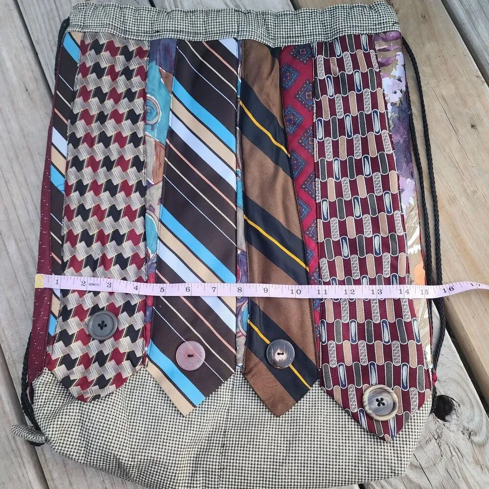 Handmade Necktie Drawstring Patchwork Tote Shoulder Carry All Bag Backpack GC